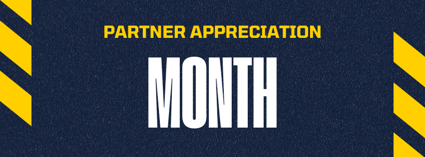 Partner Appreciation Month on a navy background with yellow vertical borders